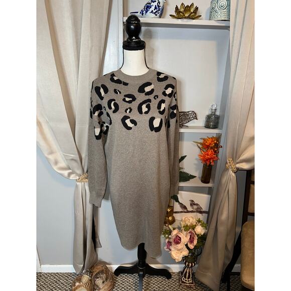 NWT $86.99 LOFT size Medium Brown Black Long Sleeve Leopard Sweater Dress - Picture 1 of 10